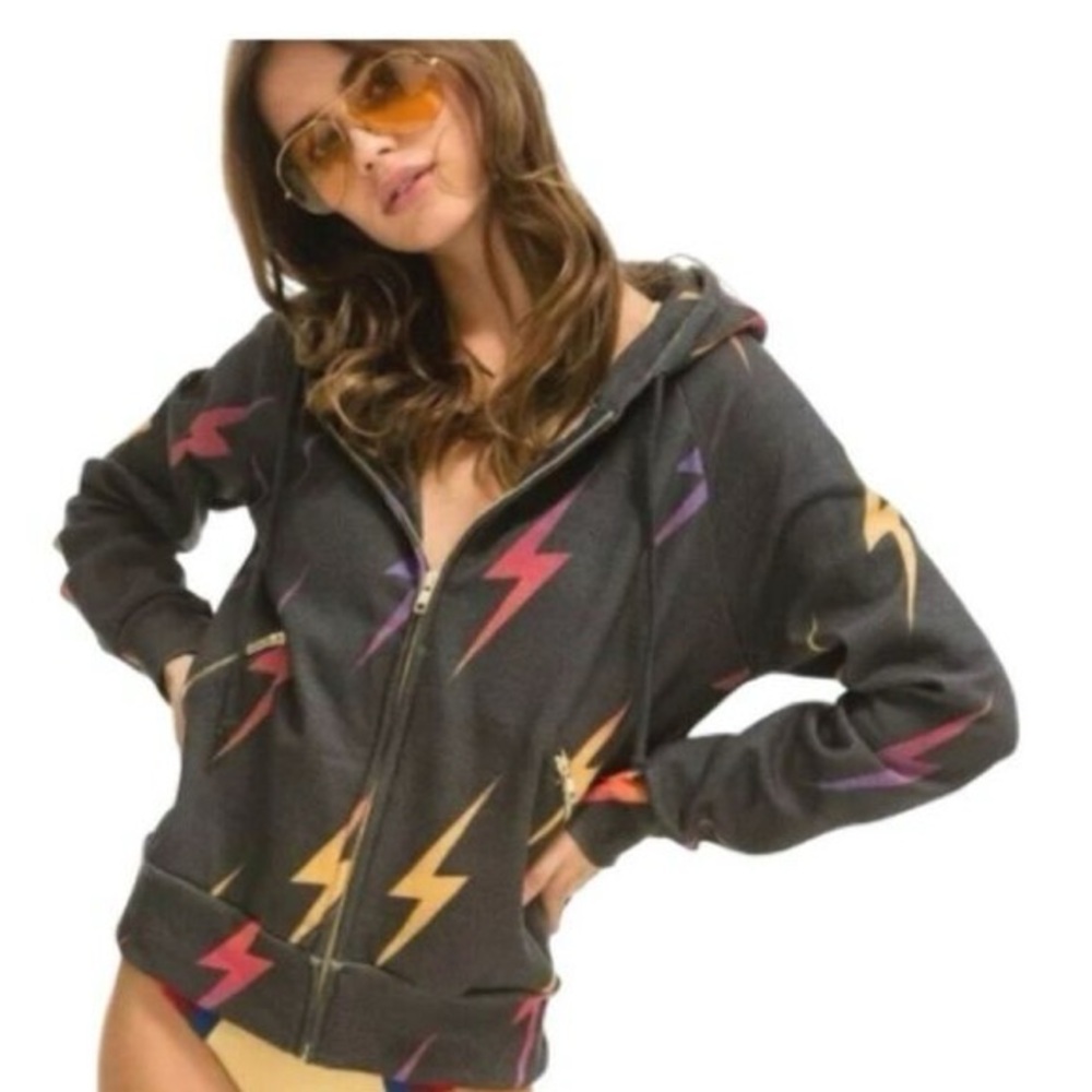 Aviator Nation Black Hoodie with Multicolor Lightning Bolts